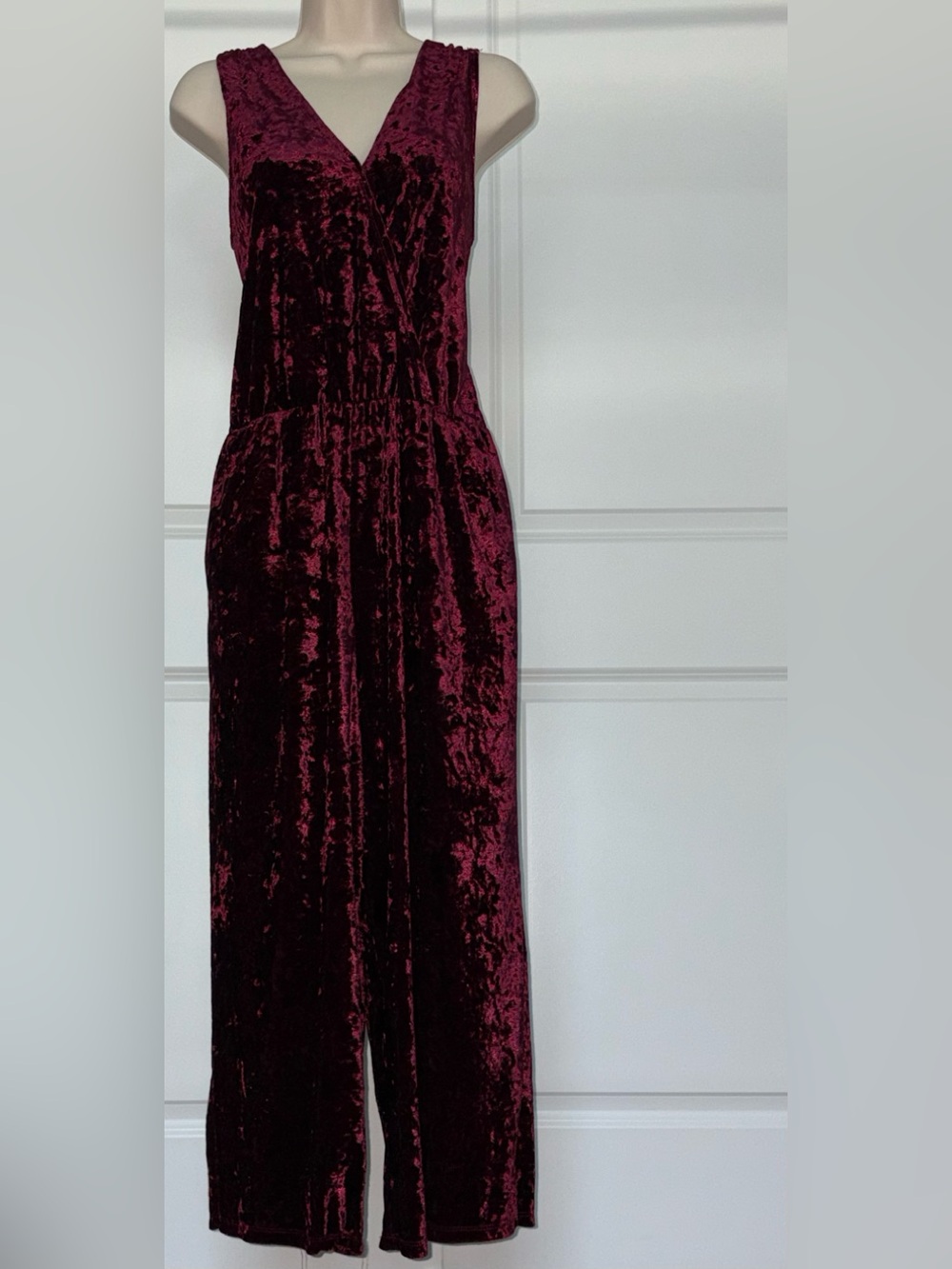 Crushed Velvet Jumpsuit in Burgundy Size Large